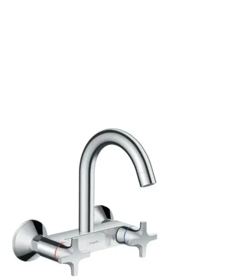 Wandmontierte Spültischarmatur in verchromtem Finish mit hohem Auslauf und zwei drehbaren Griffen, hergestellt von Hansgrohe.